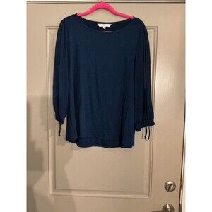 Trina Turk Navy Blue Slit Bow Sleeves Oval Neck Blouse Sz L NWOT